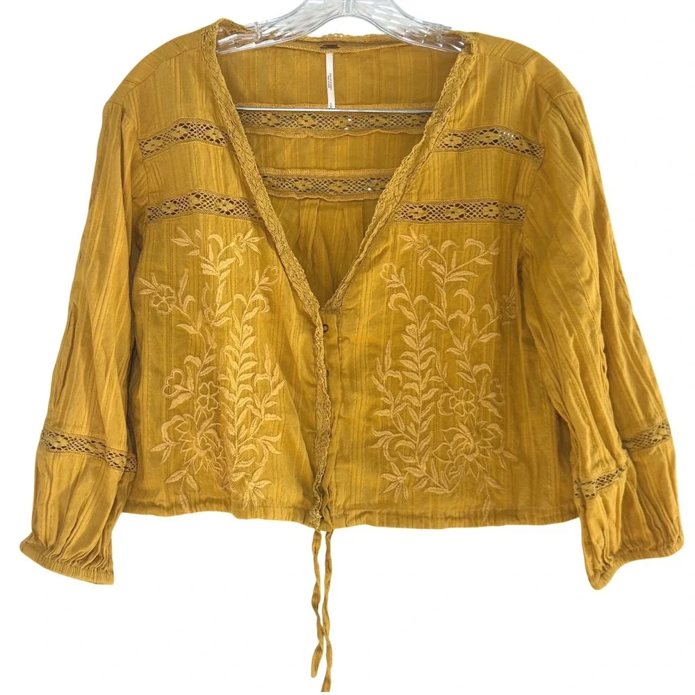 Free People Follow Your Heart Golden Yellow Embroidered women's s boho festival